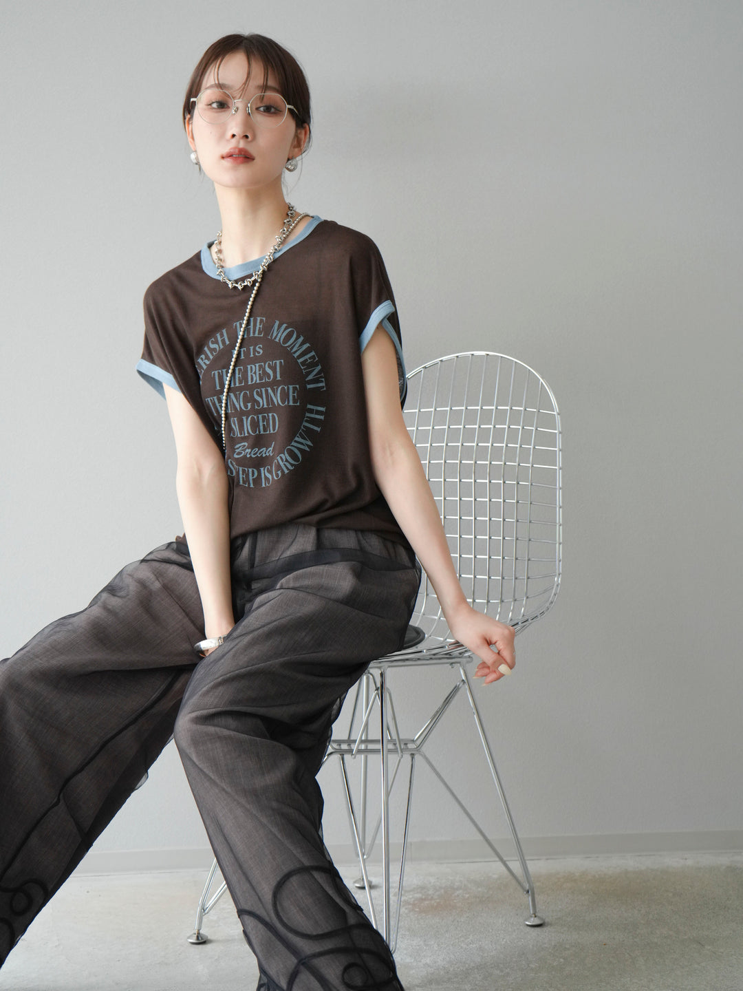 [SET]シアーフライス ロゴプリントT +コード刺繍チュールレイヤードパンツ(2set)