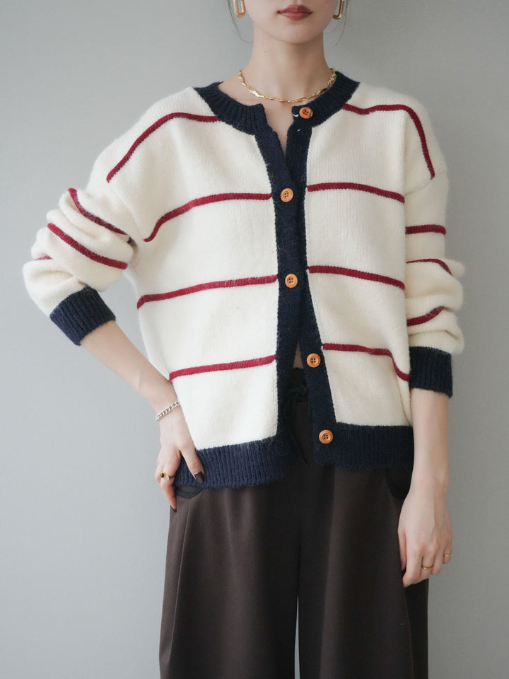 [予約]配色ボーダーニットカーディガン/red