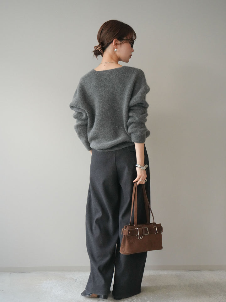 [予約]アニマル柄ベルト付きウールタッチワイドパンツ/charcoal