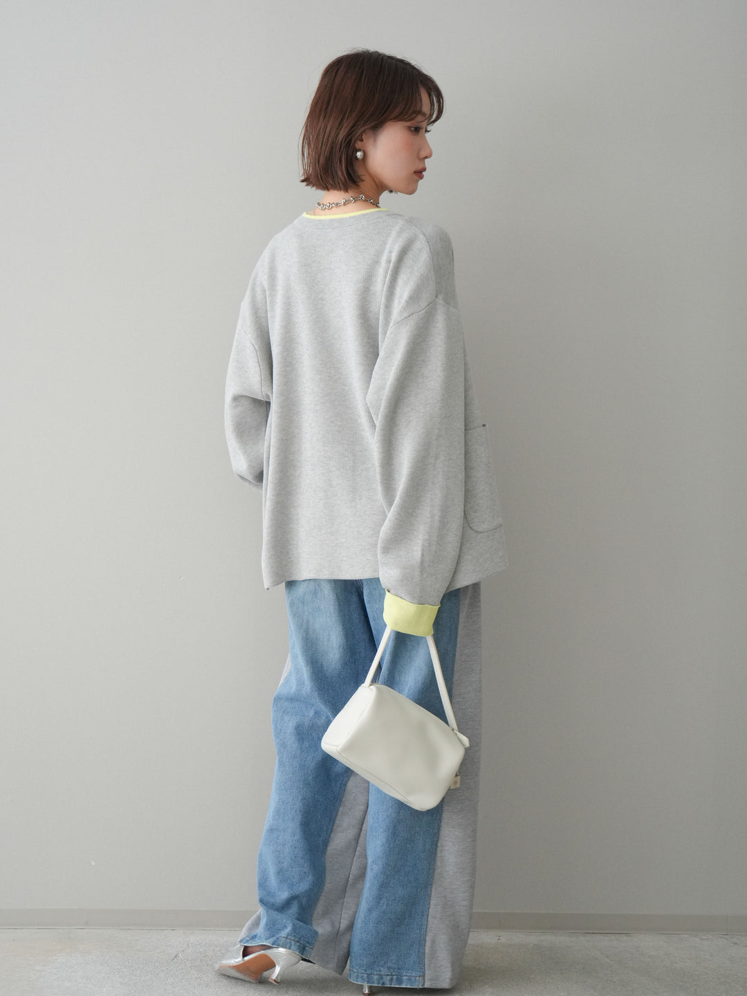 [SET]バイカラーオーバーニットカーディガン+デニム切替スウェットパンツ(2set)