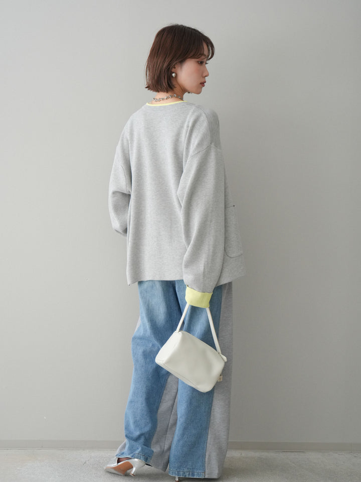 [SET]バイカラーオーバーニットカーディガン+デニム切替スウェットパンツ(2set)