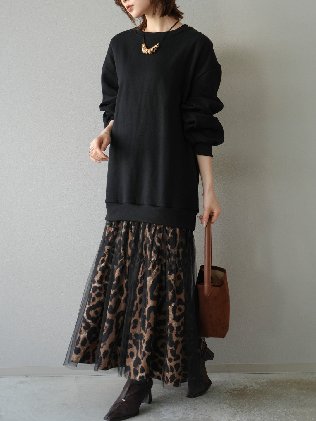 [予約]スウェットドッキングアニマル柄レイヤードワンピース/ブラック