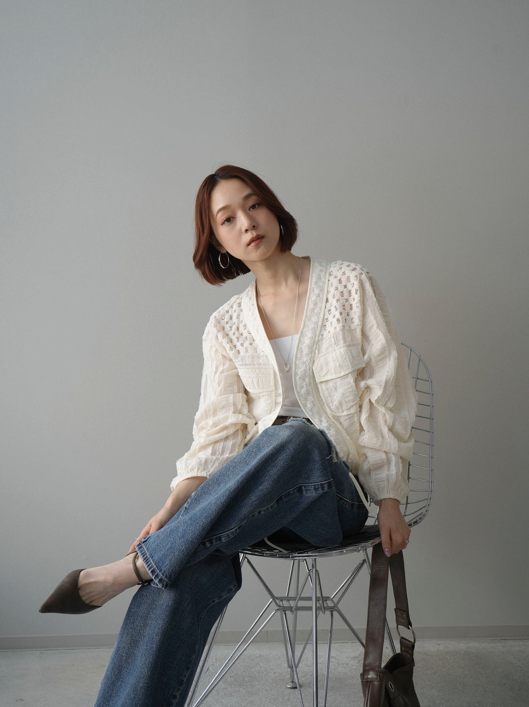 [SET]パッチワークシアーフリルブルゾン+ダメージデニムセミワイドパンツ(2set)