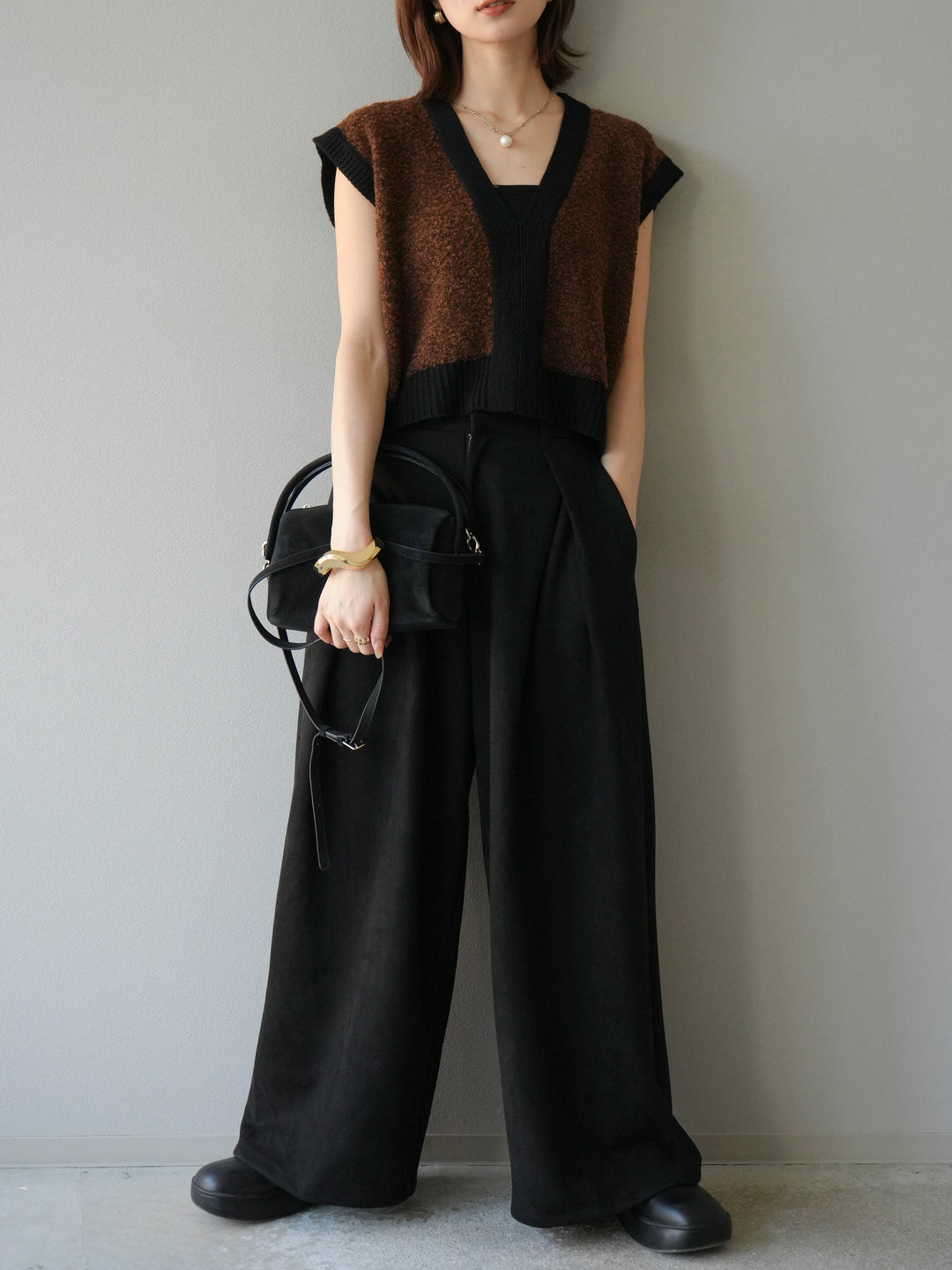 [予約]ブークレバイカラーニットベスト/ブラウン