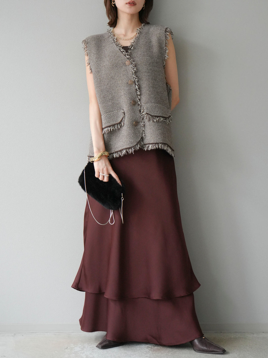 [予約]ツイードライクフリンジニットベスト/ブラウン