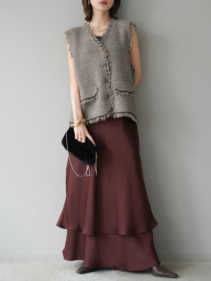 [予約]ツイードライクフリンジニットベスト/ブラウン