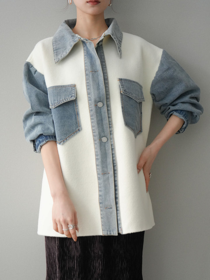 [予約]デニム襟ダブルフェイスニットカーディガン/white