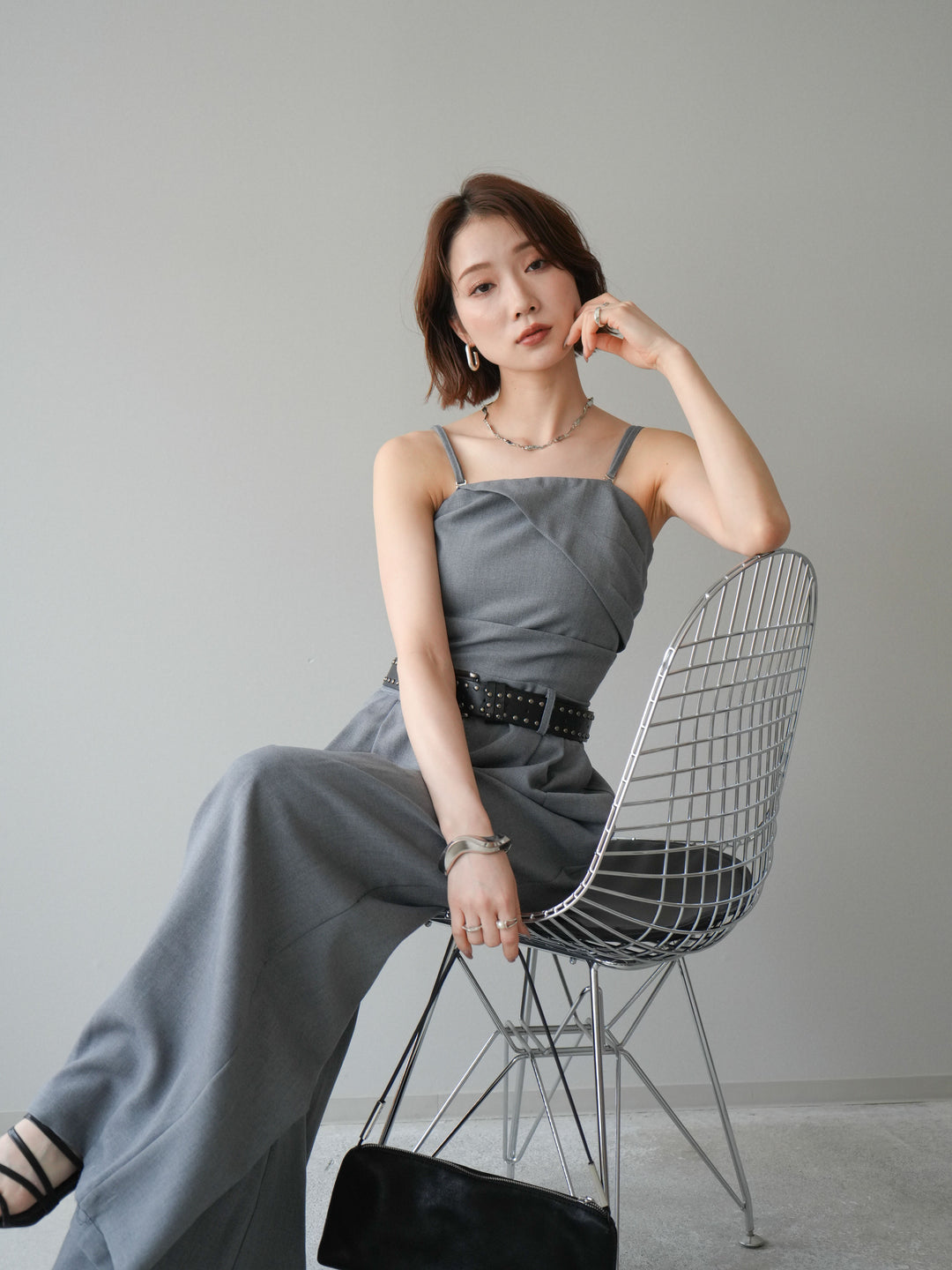 [予約]ベルト付バックシャーリングキャミオールインワン/gray
