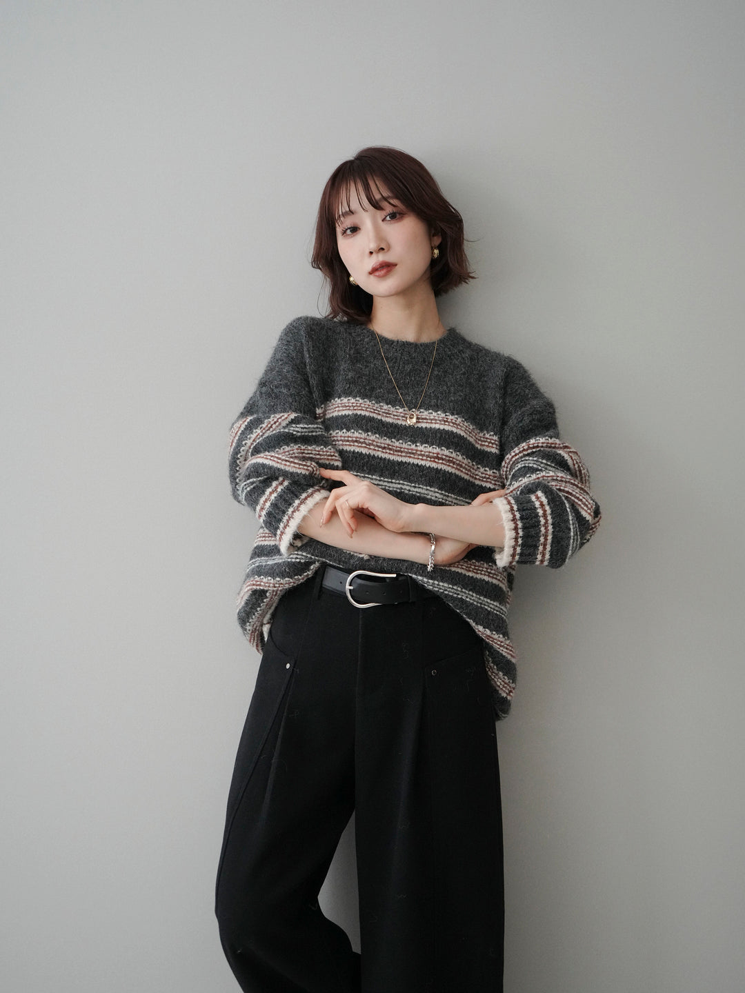 [予約]ステッチボーダーニットプルオーバー/gray