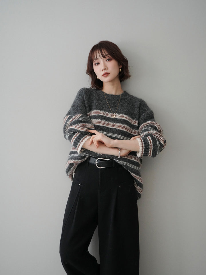 [予約]ステッチボーダーニットプルオーバー/gray