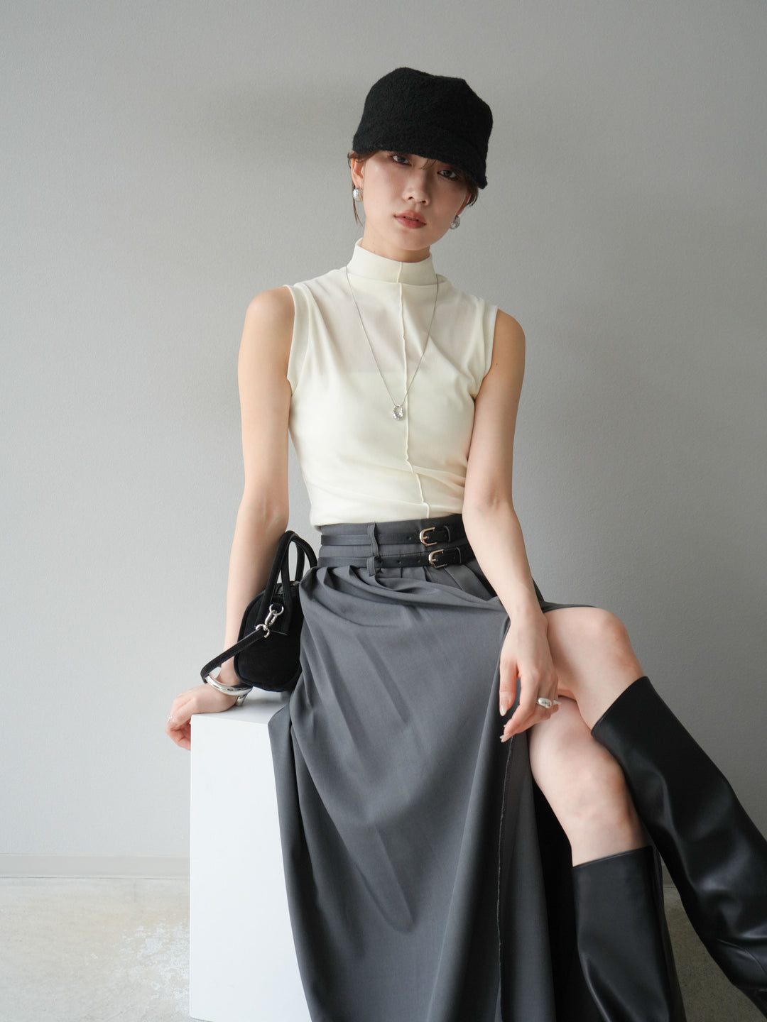 [予約]シアーベロアプチネックノースリーブトップス/アイボリー