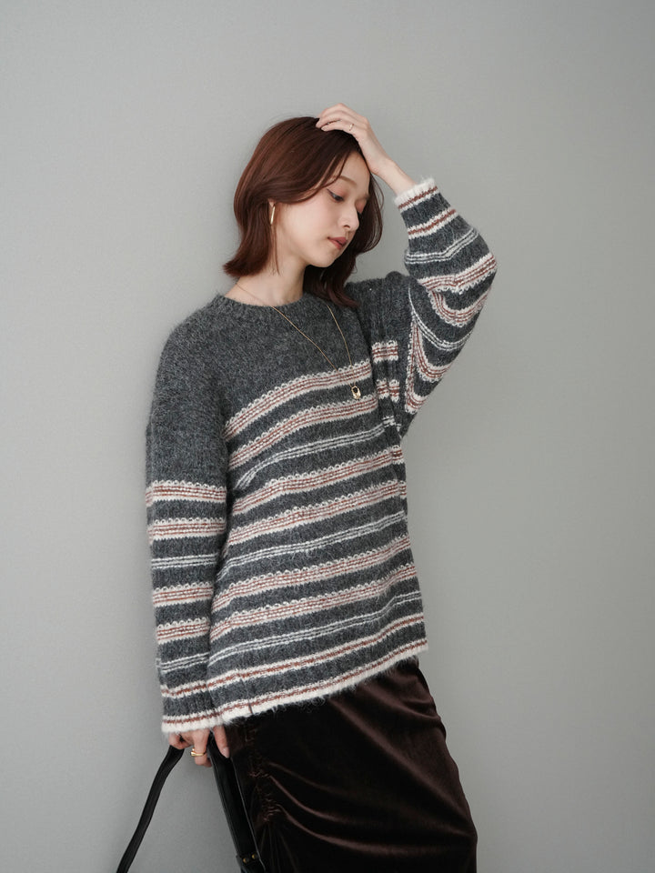 [SET]ステッチボーダーニットプルオーバー+ギャザーベロアスカート(2set)