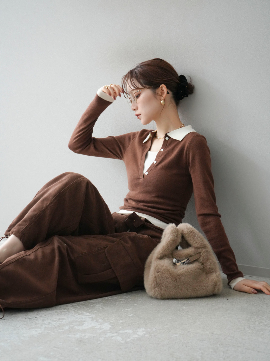 [予約]レイヤード配色ポロニットトップス/brown