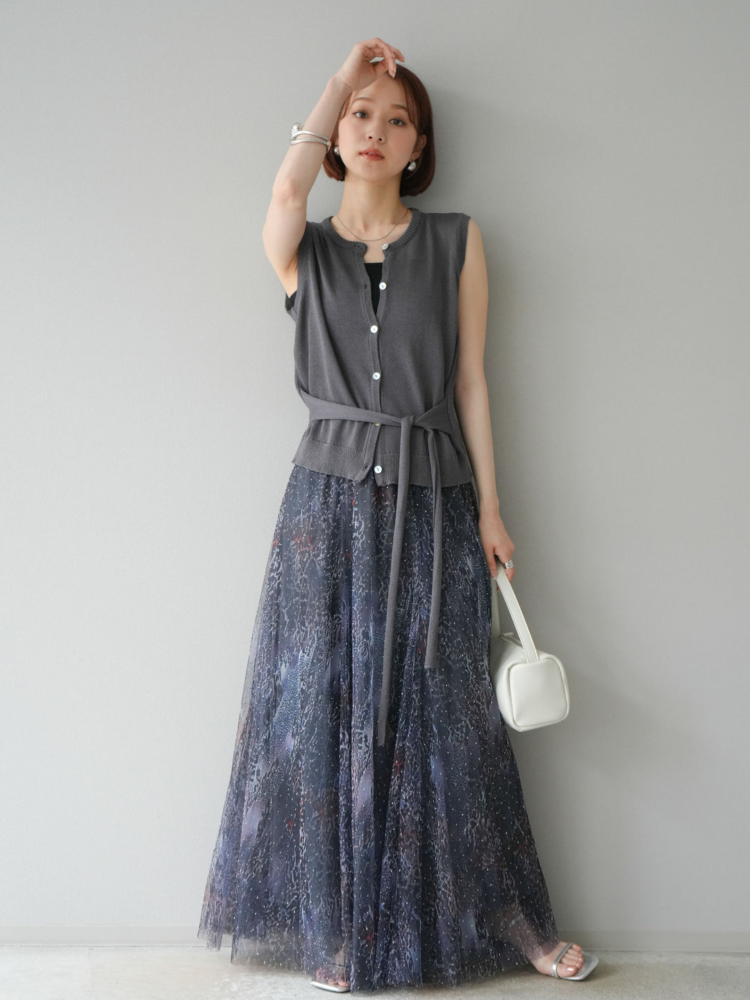 [予約]ニュアンス柄チュールレイヤードプリーツスカート/ネイビー