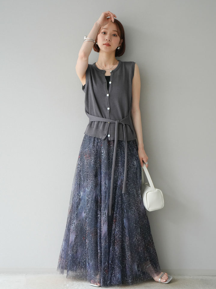 [予約]ニュアンス柄チュールレイヤードプリーツスカート/ネイビー