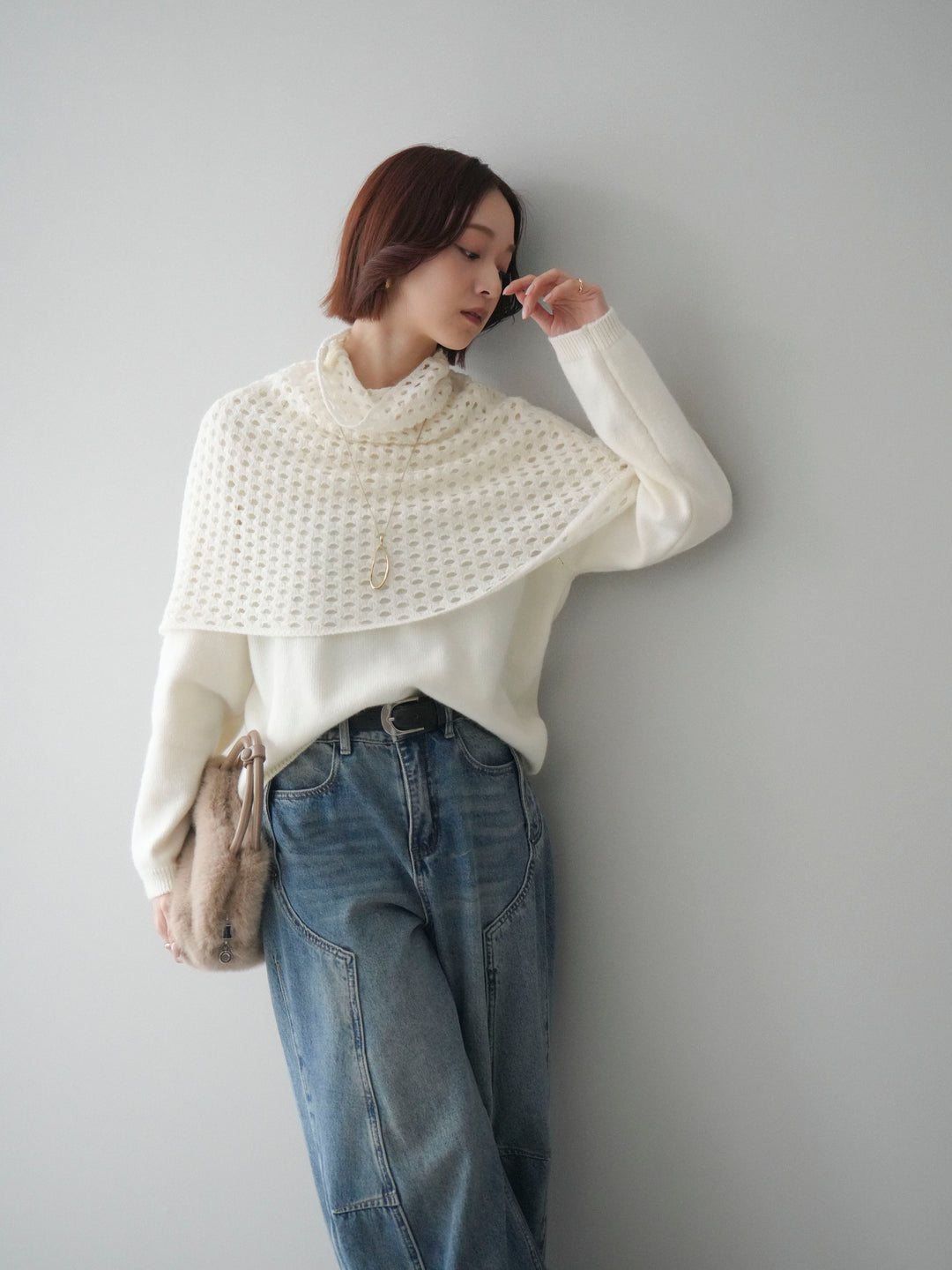 [予約]メッシュケープアンサンブルニットプルオーバー/white