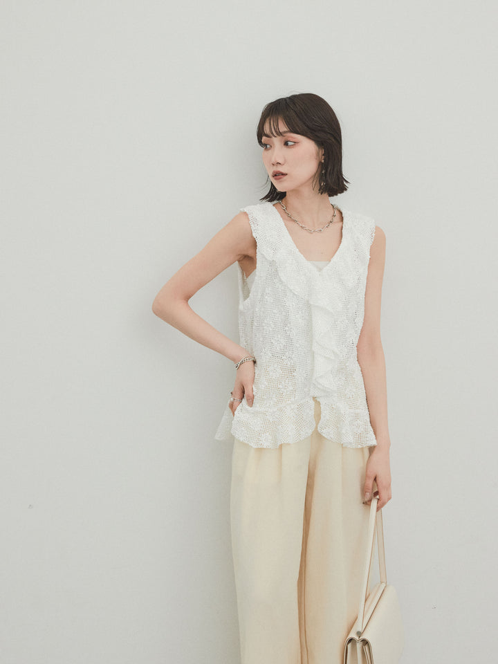 [SET]テープヤーンラッフルノースリトップス+リネンタッチタックワイドパンツ (2set)