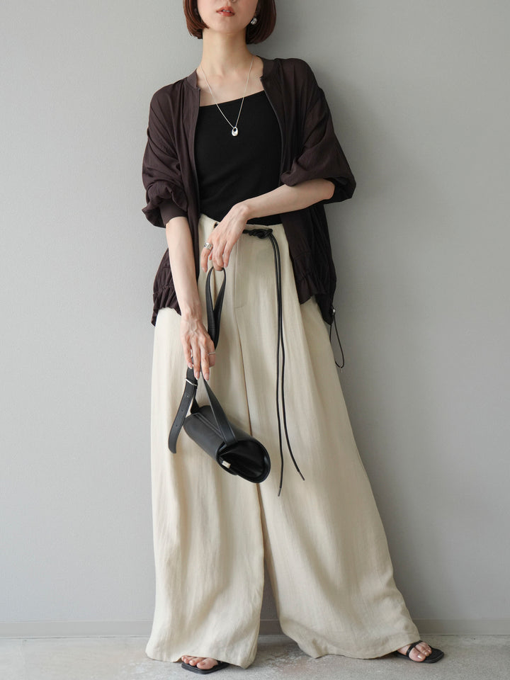 【預購】繩紋設計腰帶亞麻觸感寬褲/米色