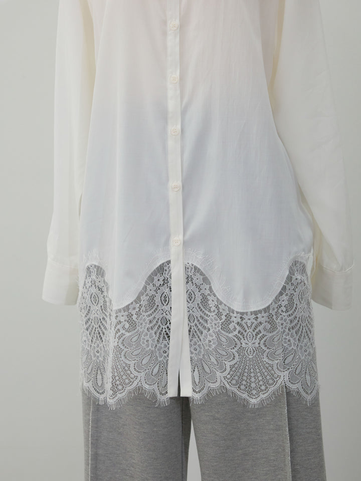 【Allure】[SET]裾レースポプリンシャツ+ワッシャーサテンタックジョガーパンツ(2set)