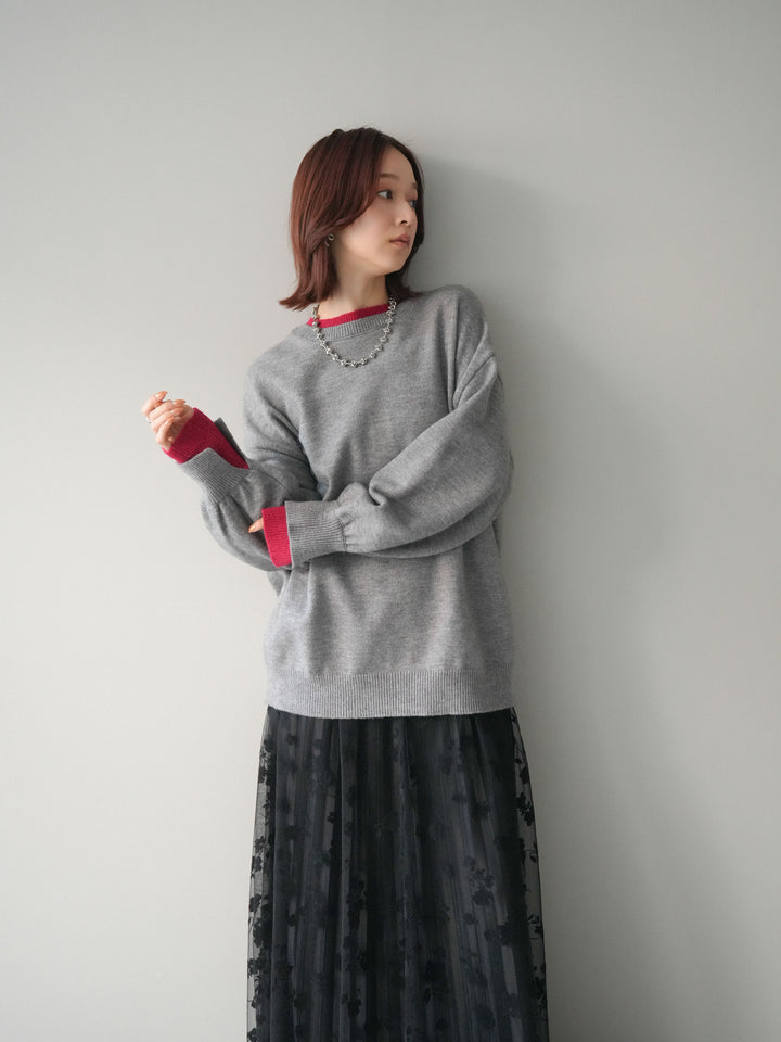 [SET]ヘンリーネック配色レイヤードニットプルオーバー+フラワーフロッキーチュールプリーツスカート(2set)