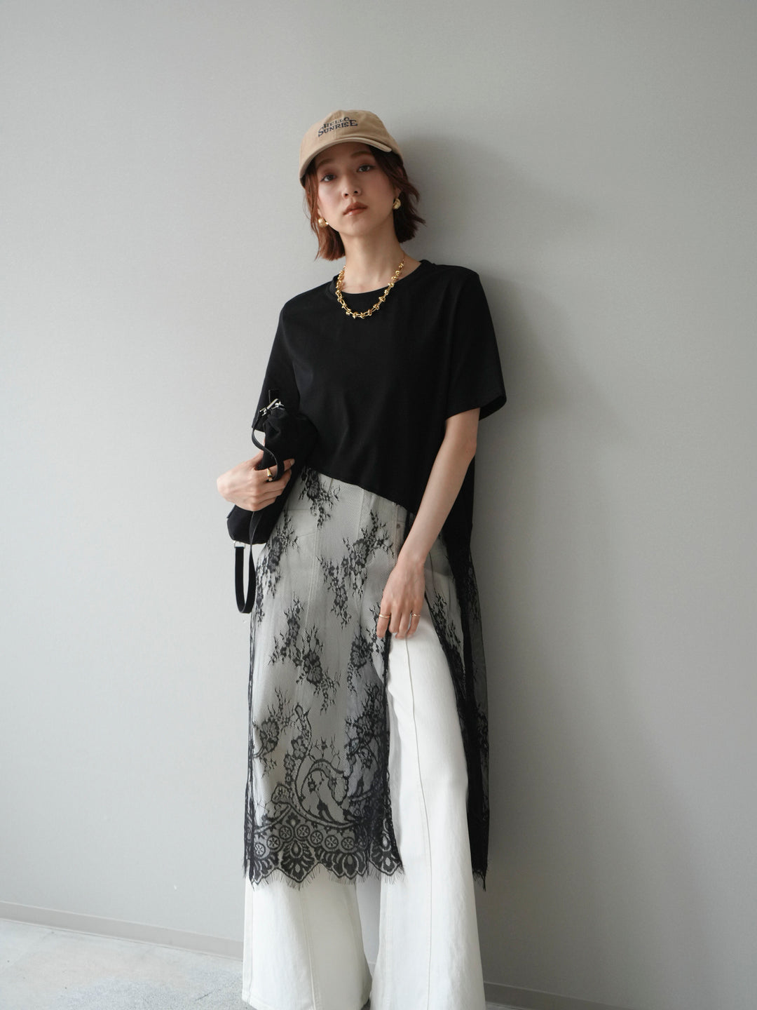 [予約]レースドッキングレイヤードワンピースTEE/black