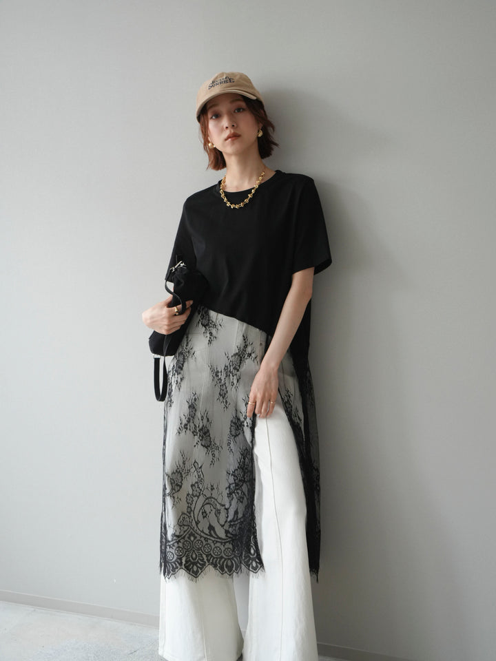 [予約]レースドッキングレイヤードワンピースTEE/black