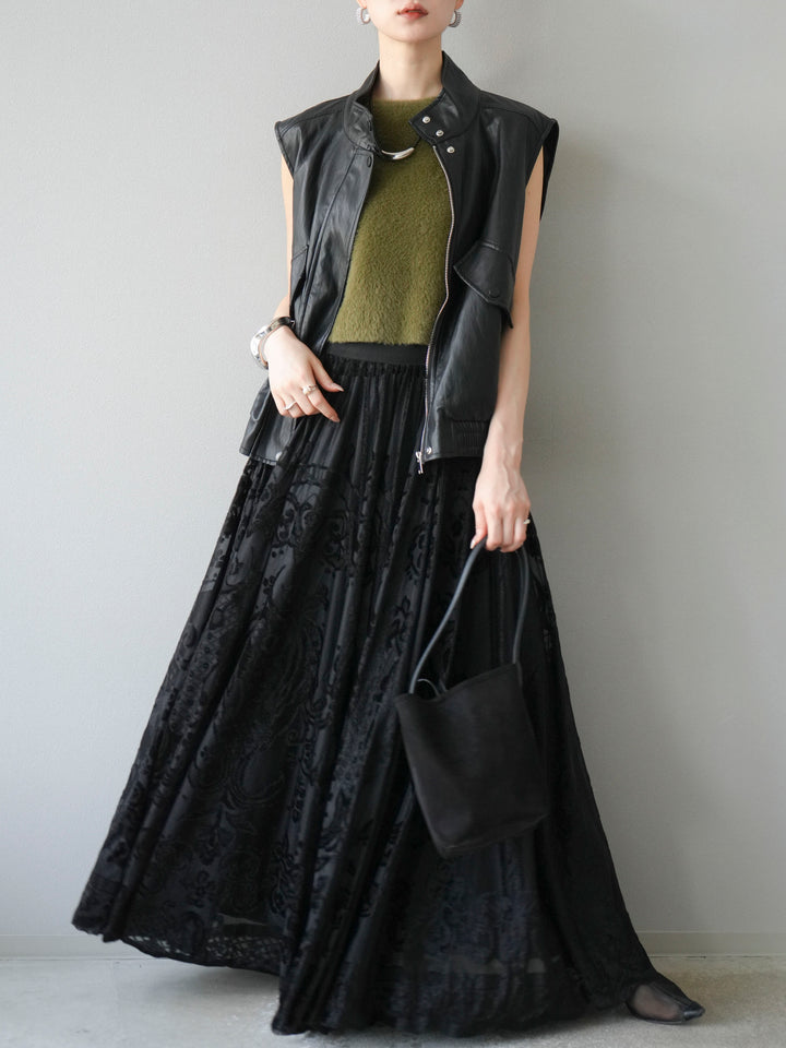 [予約]アンティーク柄フロッキーマキシスカート/ブラック