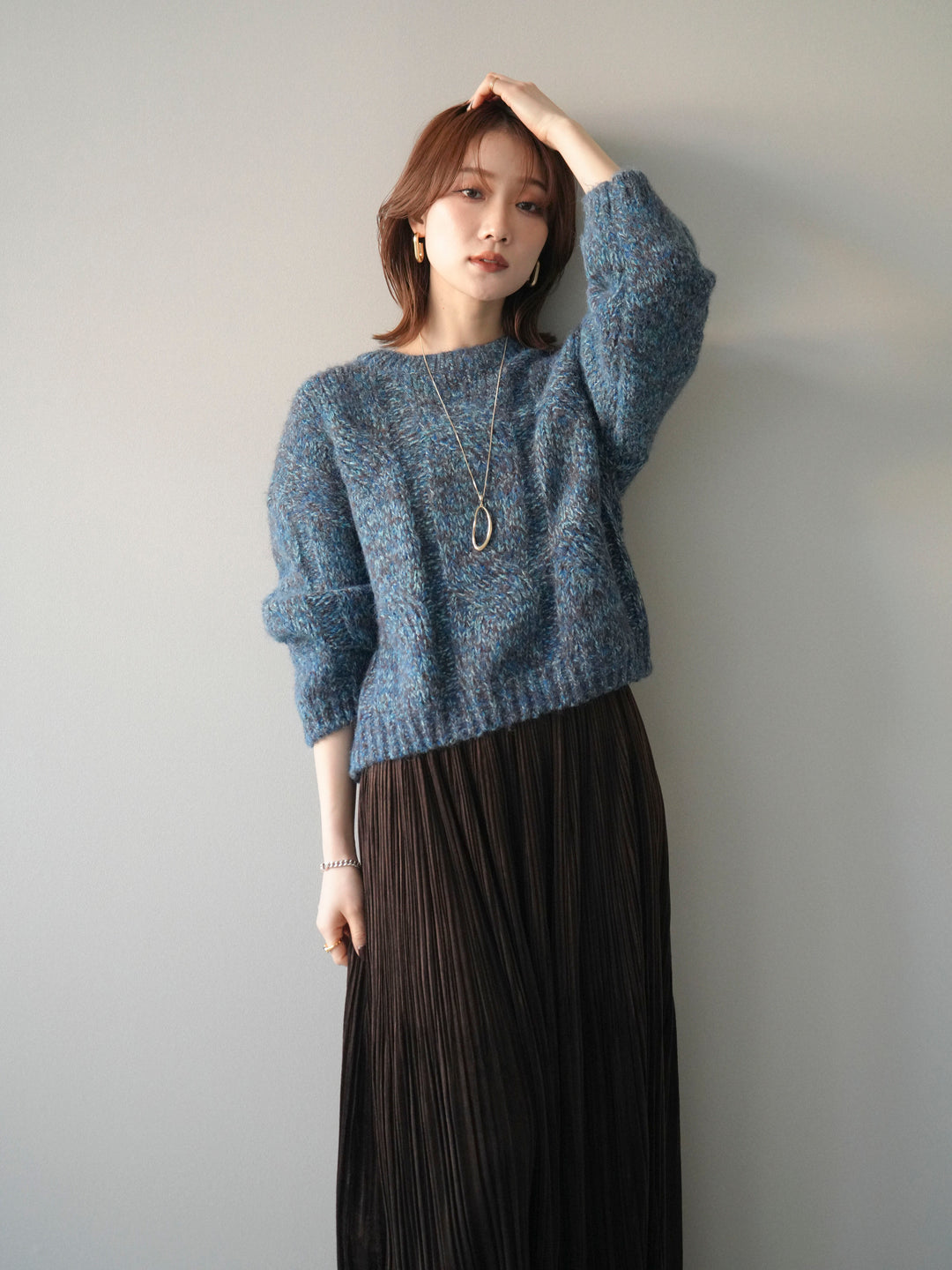 [予約]ワイドケーブルミックスニットプルオーバー/blue
