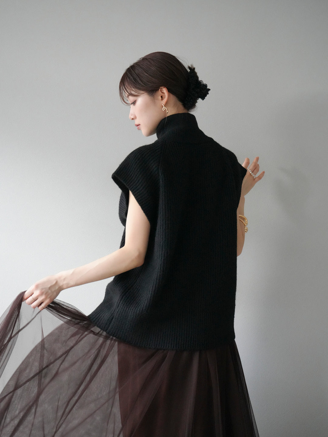 [予約]ダブルZIPハイネック畦編みニットベスト/ブラック