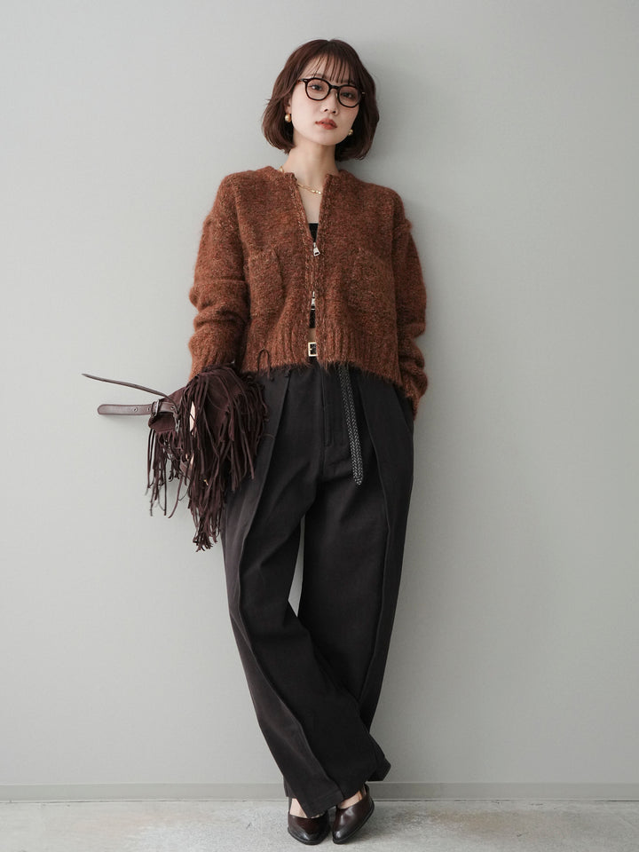 [SET]ミックスヤーンダブルZIPニットカーディガン+コットンツイルカーブパンツ(2set)