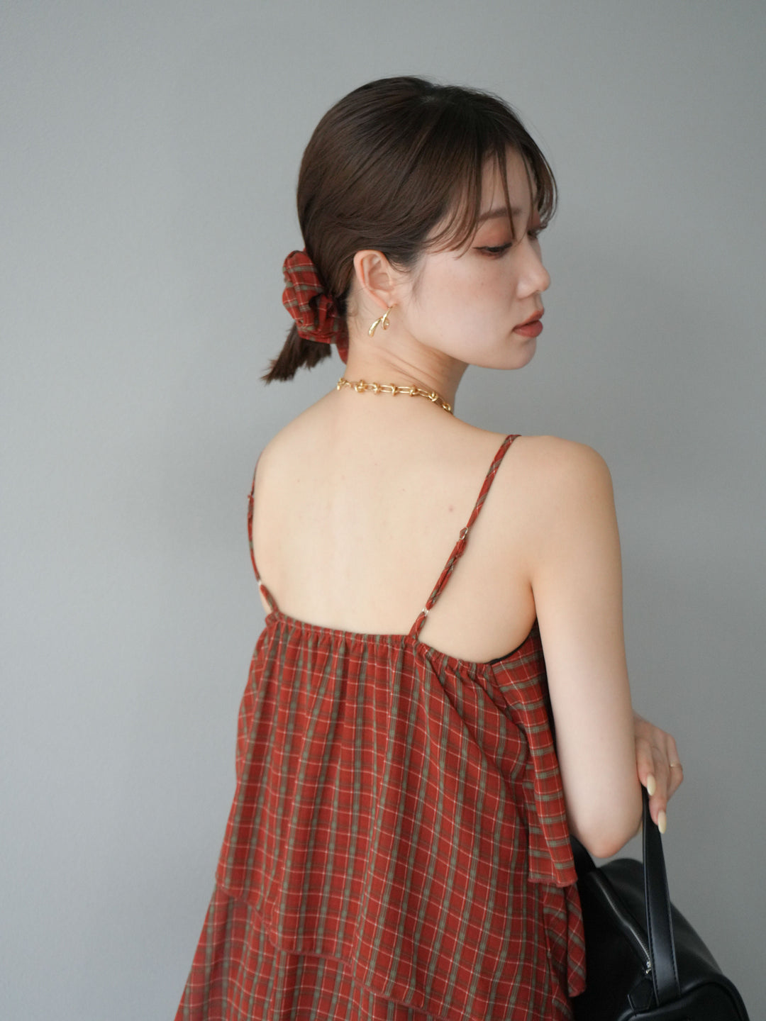 [予約]チェック柄ラッフルキャミソール/レッド