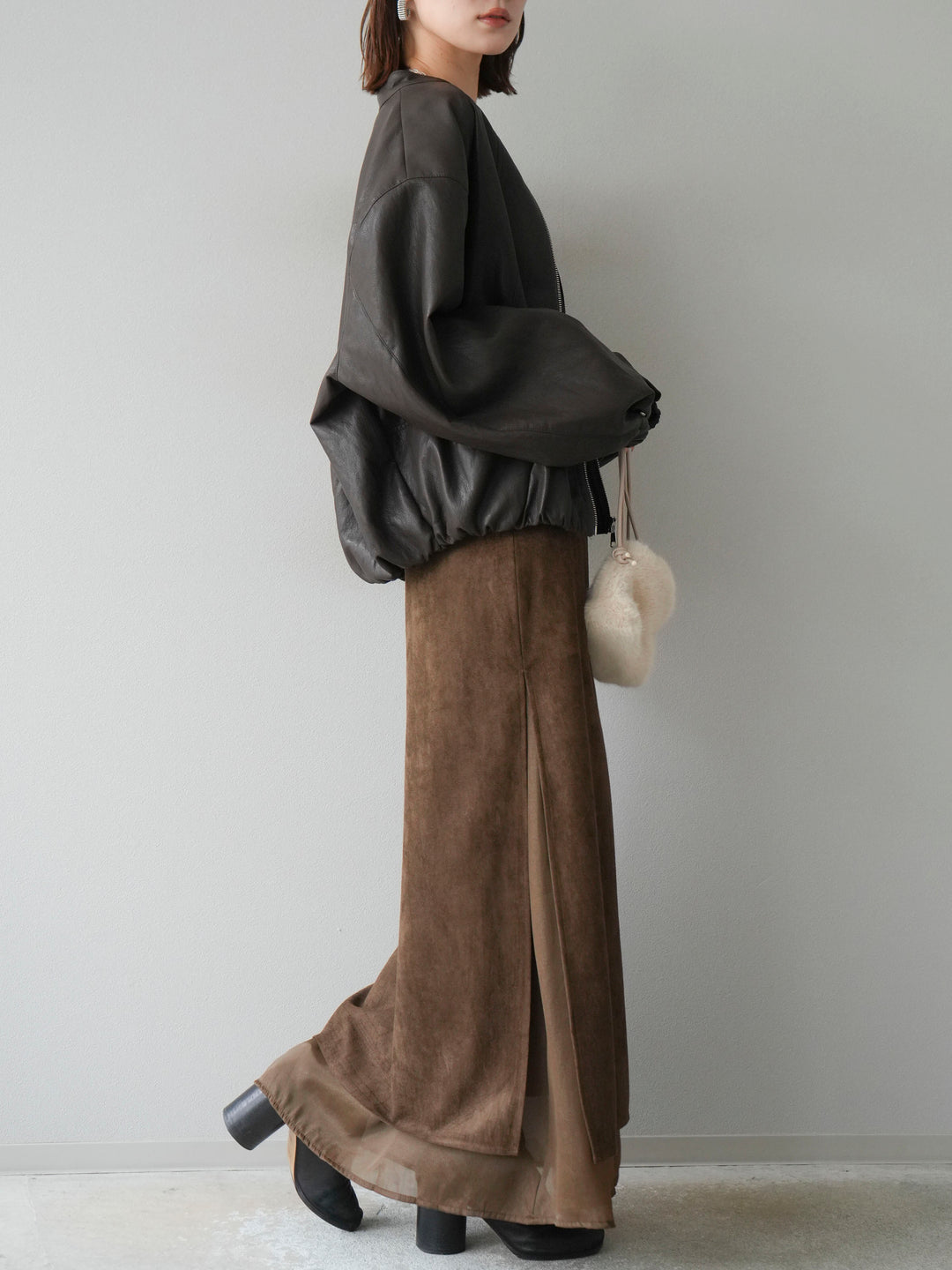 [予約]サイドスリットスウェードドッキングシフォンスカート/ブラウン
