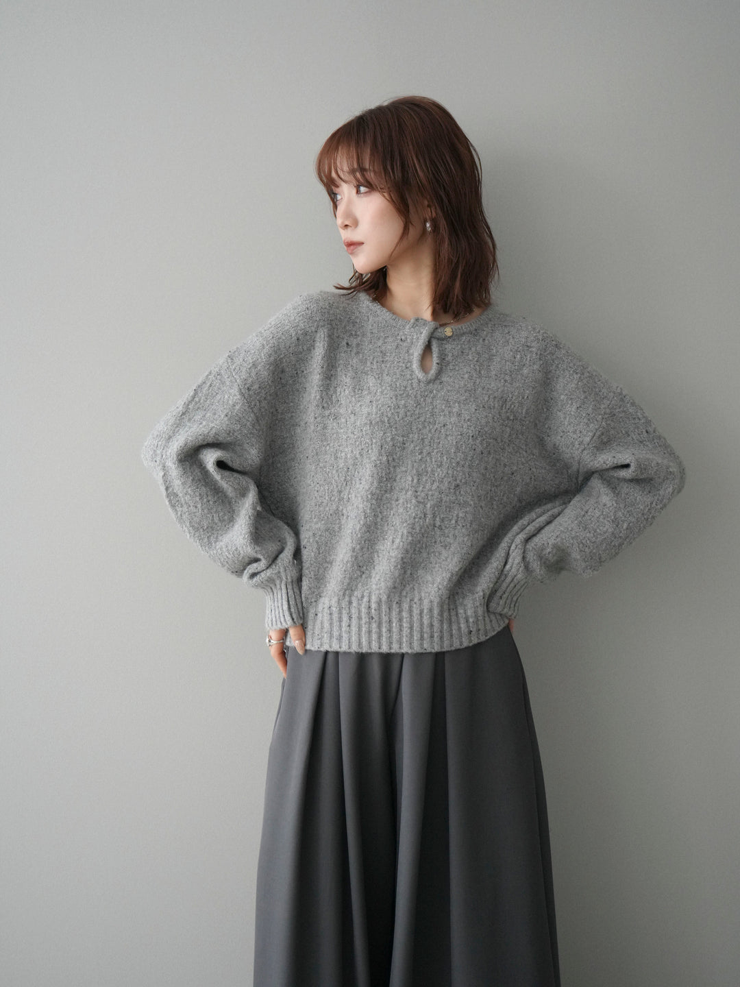 [予約]ツイストネックラメネップヤーンニットプルオーバー/gray