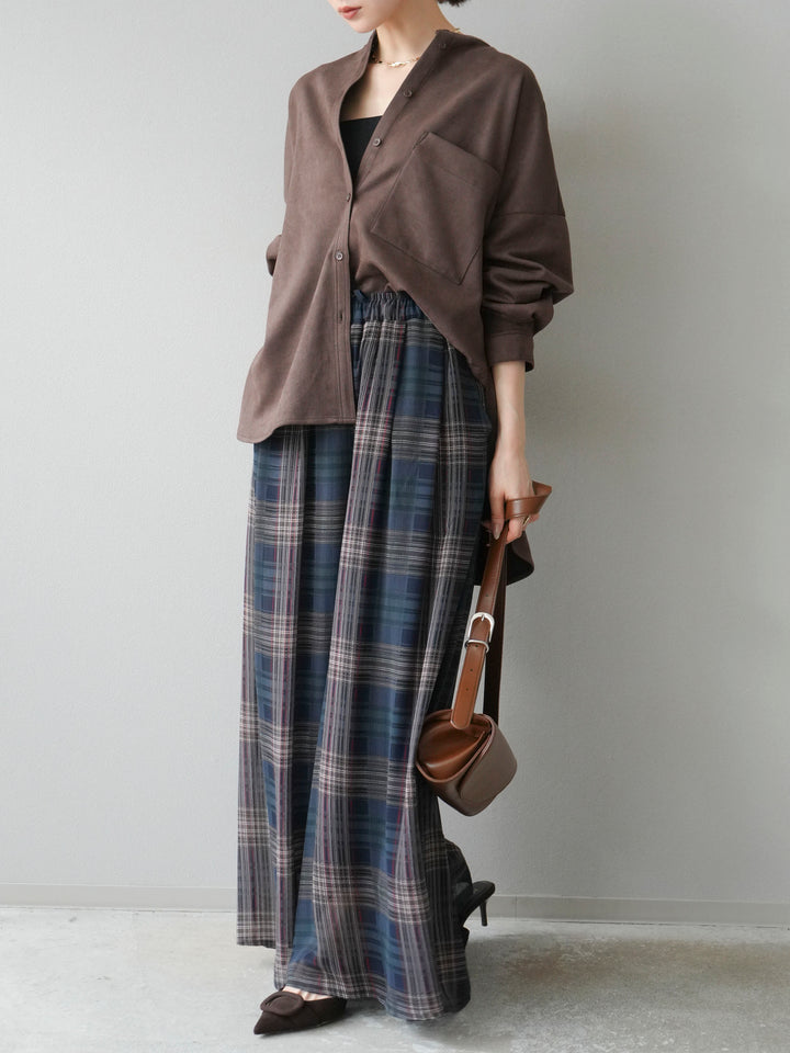 [SET]スエードバンドカラーオーバーシャツ+シアーチェックバギーパンツ(2set)