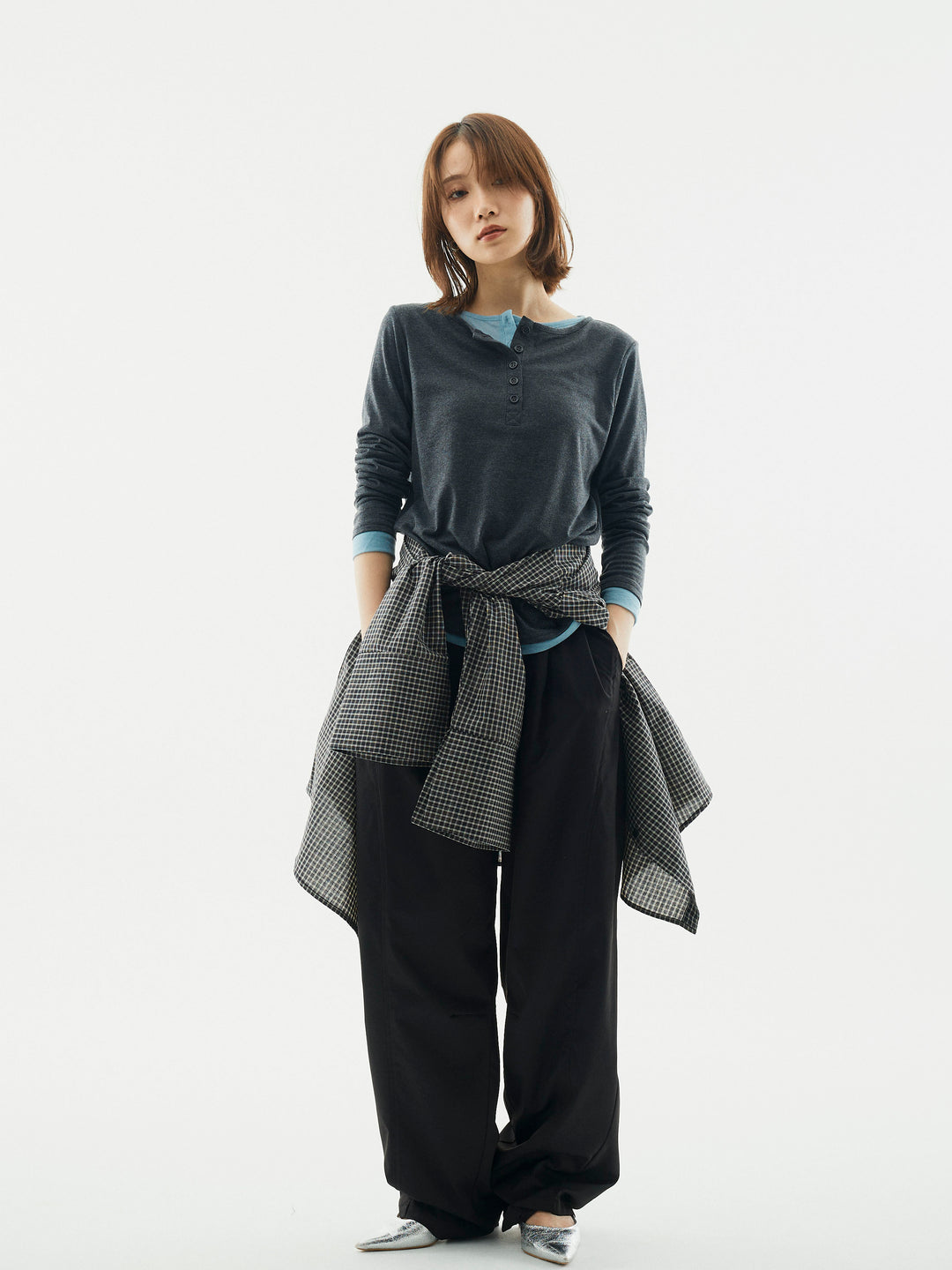 【Allure】[SET]配色レイヤードヘンリーネックトップス+タフタワイドカーブパンツ(2set)