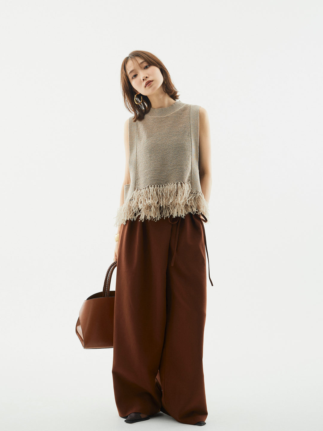 【Allure】[SET]フェザーヤーンニットベスト+ラップデザインタックワイドパンツ(2set)