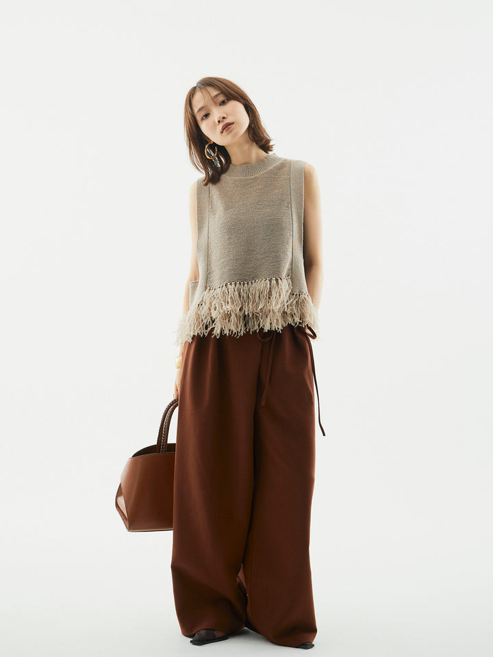 【Allure】[SET]フェザーヤーンニットベスト+ラップデザインタックワイドパンツ(2set)
