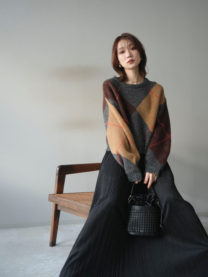 [SET]配色ステッチアーガイル柄ニットプルオーバー+裾レーススウェードプリーツマキシスカート(2set)