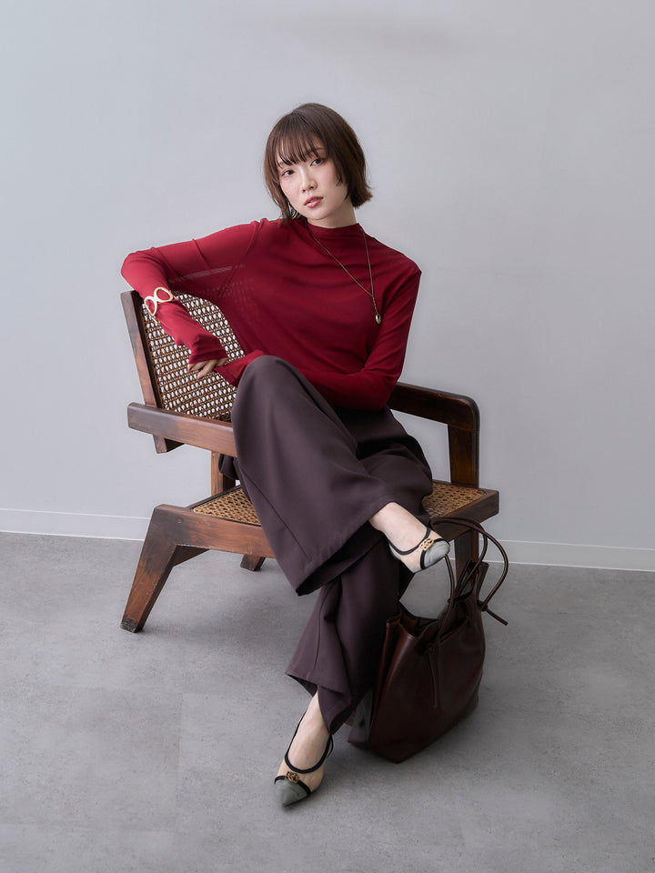 [SET]メッシュボトルネックトップス+ベルトループデザインワイドパンツ(2set)