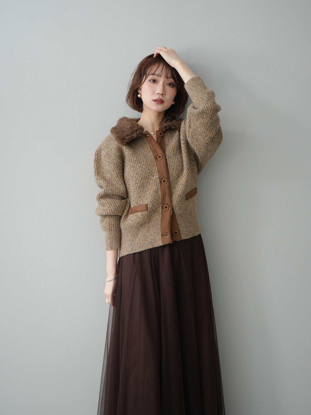 [SET]襟ボアミックスヤーンニットカーディガン+選べるアクセセット(2set)