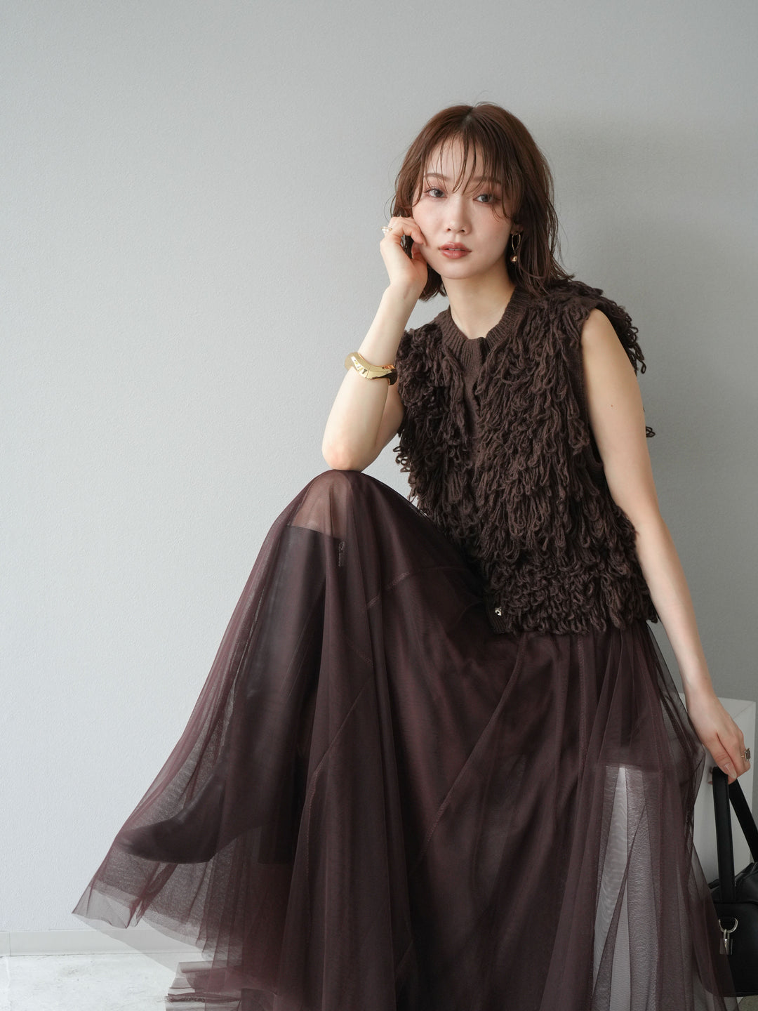 [SET] 前開衩針織背心 + 薄紗蓬鬆裙 (2 件套)