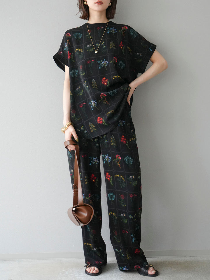 [予約]パッチワークフラワープリントイージーパンツ/ブラック