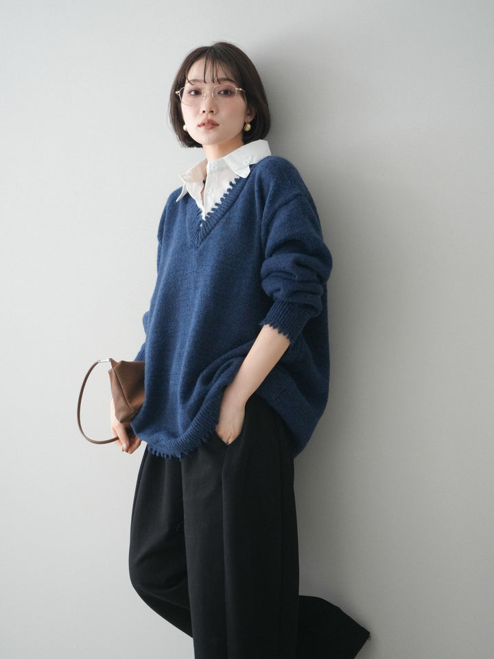 [予約]シャツドッキングVネックフリンジニットプルオーバー/navy