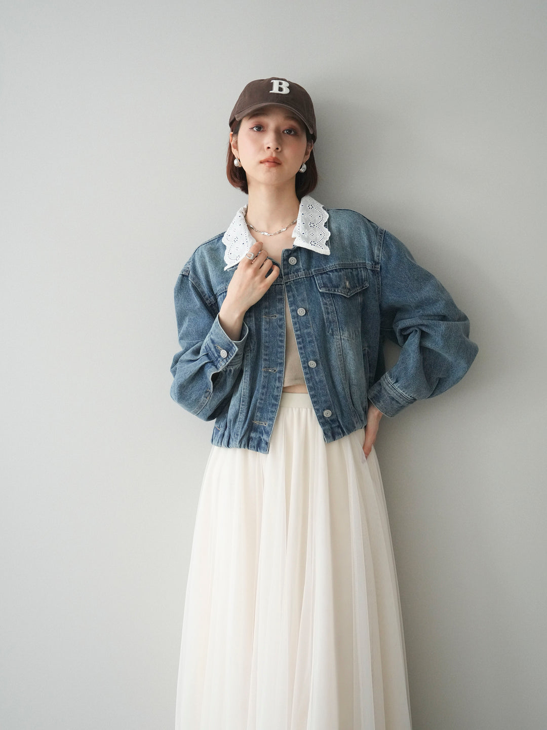 [予約]襟レースデニムショートジャケット/indigo