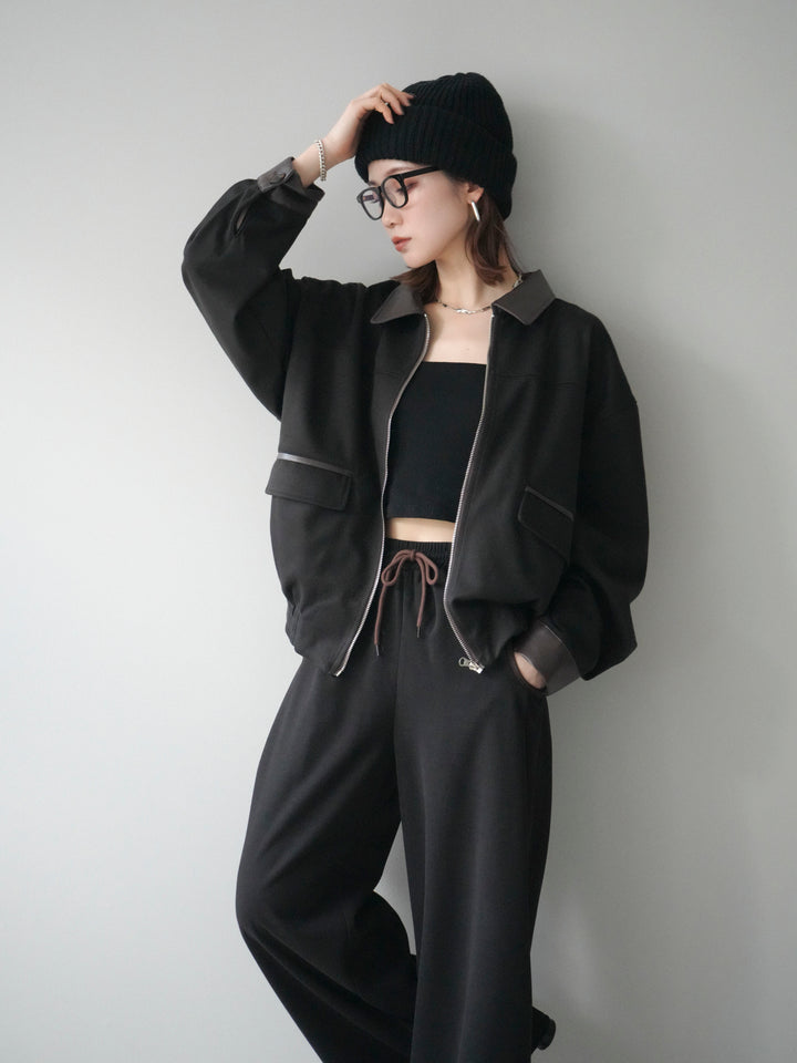 [予約]レザー襟配色パイピングブルゾン/black