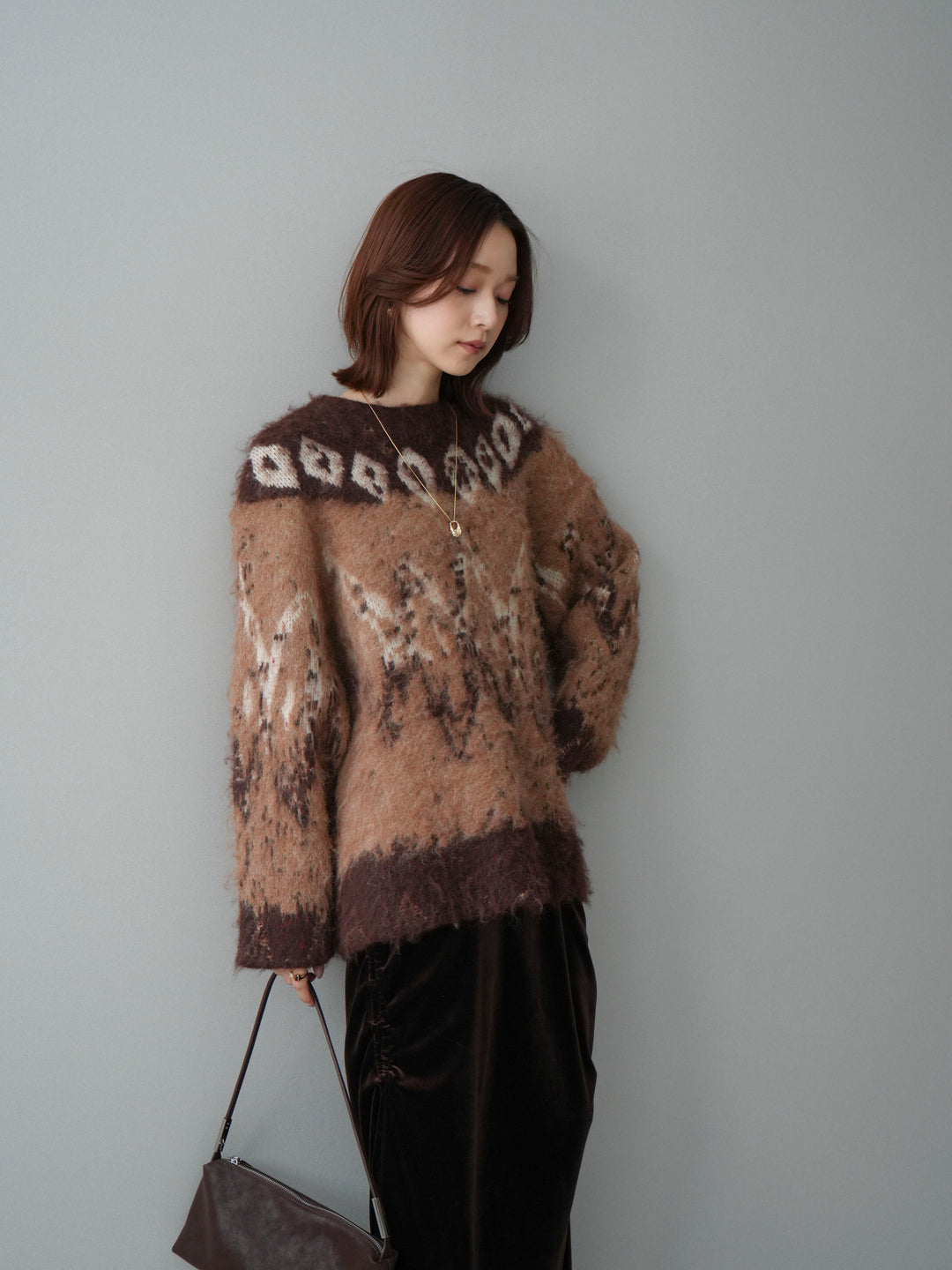 [SET]シャギーニュアンス柄ニットプルオーバー+ギャザーベロアスカート(2set)