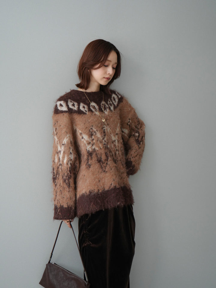 [SET]シャギーニュアンス柄ニットプルオーバー+ギャザーベロアスカート(2set)