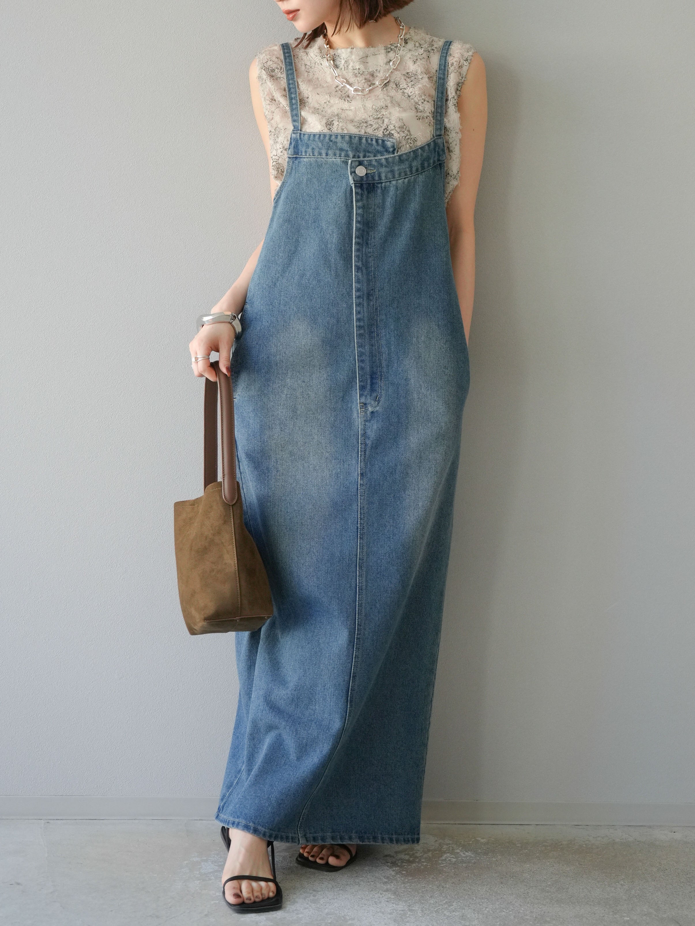 SET]アシンメトリーデニムワンピース+ニュアンスフリンジジャガード