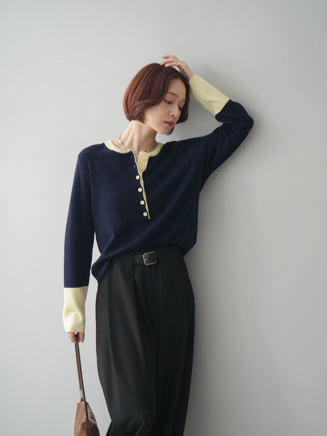 [SET]ヘンリーネック配色ニットソー+ベルトループデザインワイドパンツ(2set)