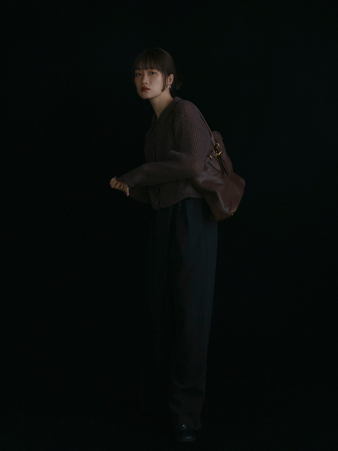 【Allure】[SET]起毛片畦編みシアーポロニット+ラップデザインタックワイドパンツ(2set)